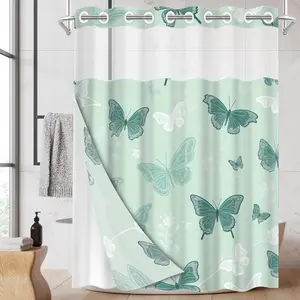 1pc hookless shower curtain with buckle lining, spring blue and white butterfly pattern design, 2D flat printing, fabric waterproof lining, see-through double-layer shower curtain, 71 x 74 inches, modern home draping curtain, Bathroom Curtain