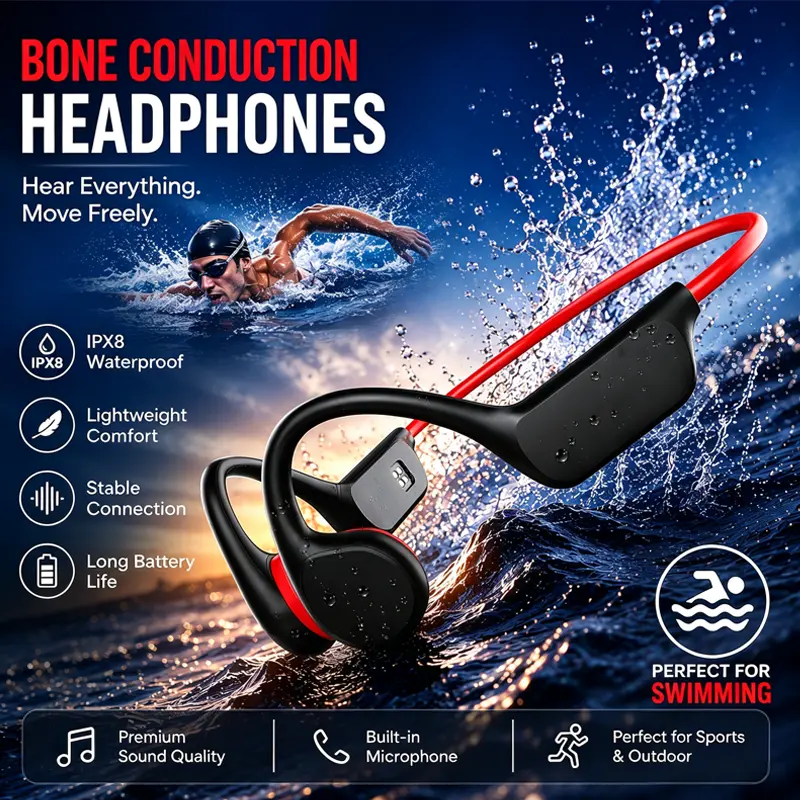 PLEIVO Bone Conduction Bluetooth Headphones, IPX8 Waterproof Open-Ear Wireless Sports Earphones with Secure Fit, Lightweight Headset for Swimming, Running, Outdoor Use (For Men, Women)