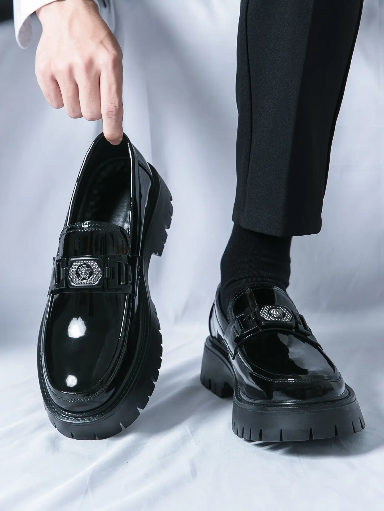 Men's Patent Leather Platform Loafers - Stylish Anti-Slip Lug Sole Slip-On Footwear, Comfortable Round Toe Loafer Shoes for Business Office & Casual, Men's Shoes, Anti-Slip Loafers