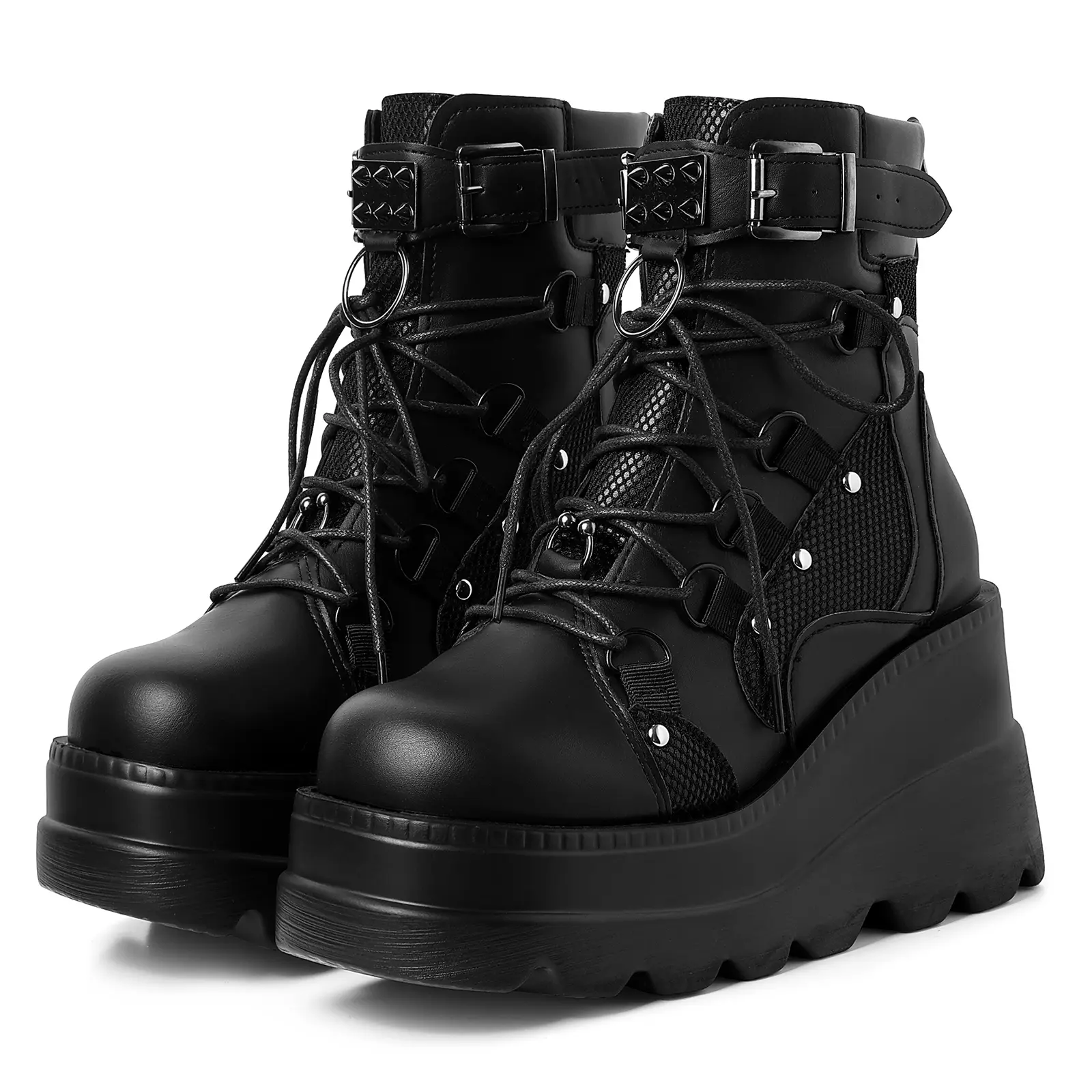 Women's Gothic Leather Platform Ankle Boots - Punk Combat Chunky Heel Lace-Up Shoe with Round Toe, Back Zipper, Rubber Sole Footwear, Alternative Style, Block Heel, Grunge Aesthetic, Statement Shoes, Rock Style, Back Zipper For Quick On/Off, Ankle Height,