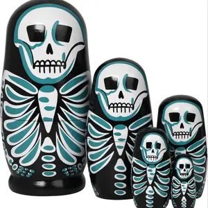 Nesting Skulls Set, Handmade Wooden Russian Nesting Dolls, Halloween Home Decor Gift, 5 Pieces, Perfect for Holiday Celebrations
