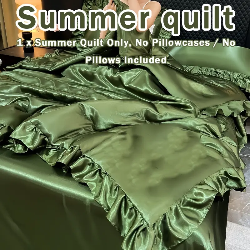 Washable Ice Silk Satin Air Conditioner Blanket, French Lace Design, Cool and Smooth, Breathable Summer Bedding for Home Bedroom