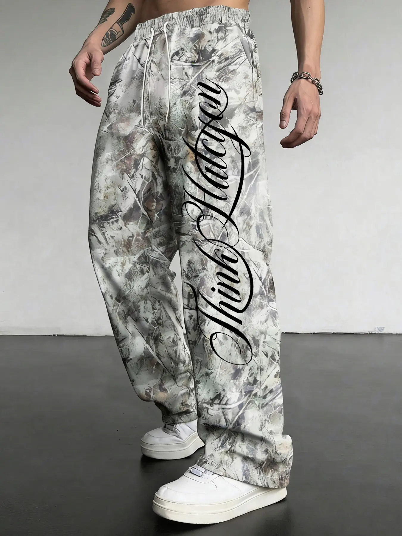 Men's Y2K Streetwear Baggy Pants with All-Over Calligraphy Print | Vintage Grunge Wide Leg Casual Trousers for Hip Hop Aesthetic & Daily Outfits