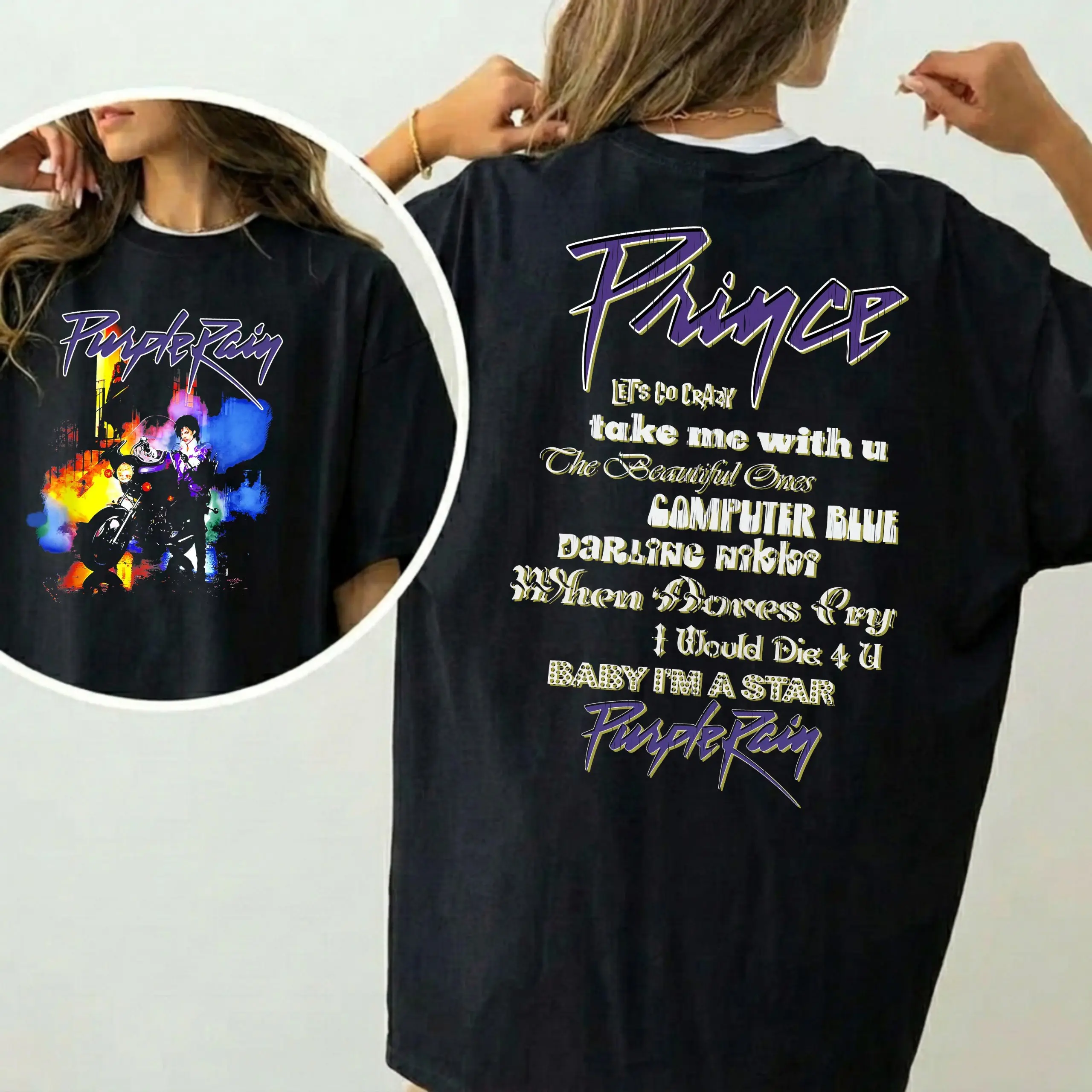 Prince Purple Rain T Shirt - Front & Back Print Graphic Tee Black | Officially Licensed, Unisex for Men & Women, 100% Cotton, Short Sleeve Crew Neck, Music Memorabilia
