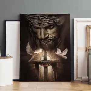 Jesus Cross Pattern Canvas Painting with Frame, Modern Art Religious Art Poster, Christ Cross Print, Wooden Wall Art Decor for Home Living Room Bedroom Office, Stylish Religious Decor, Ornaments
