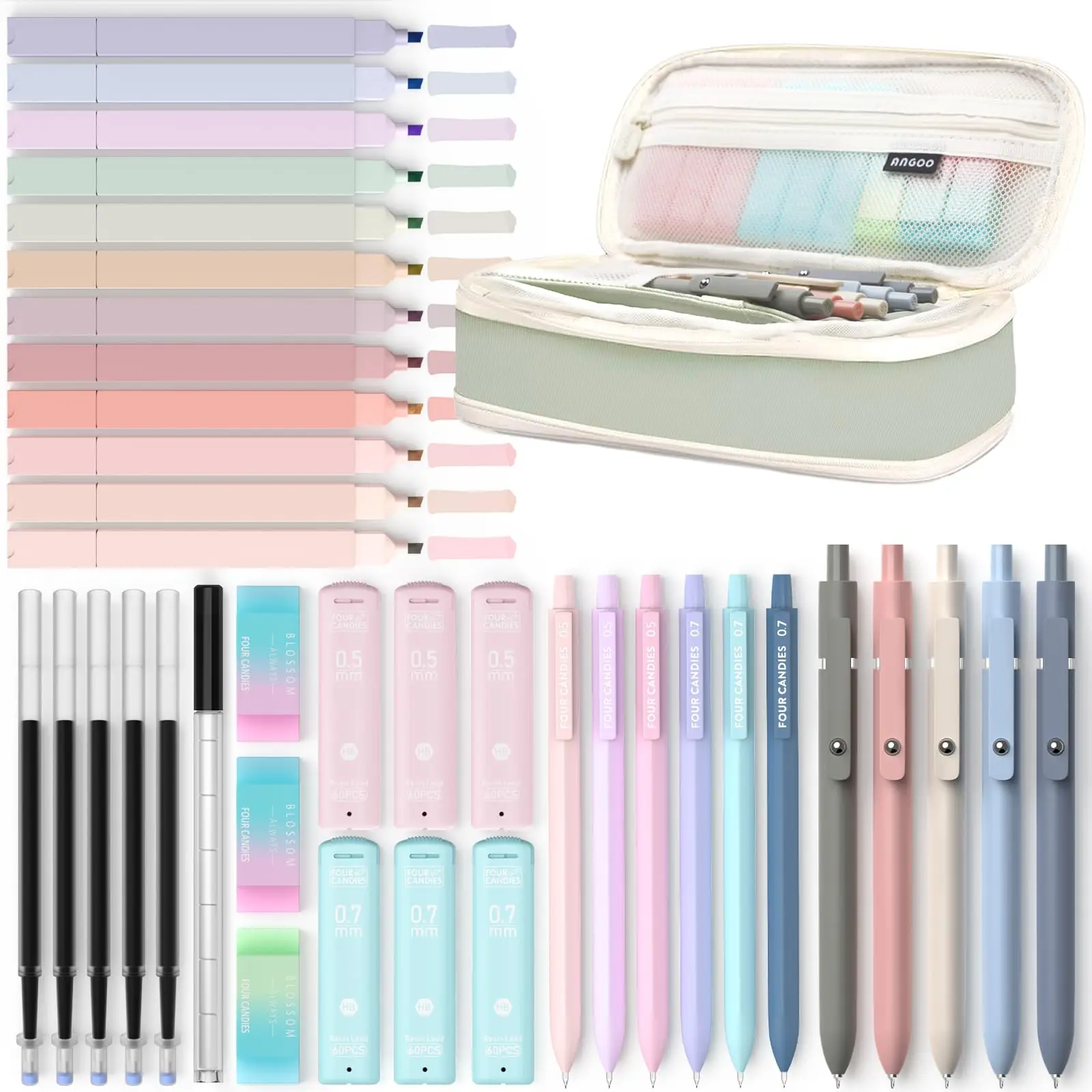 back to school sale!!!Four Candies 39PCS Aesthetic School Supplies with Big Capacity Pen Case Set - with 12 Pastel Highlighters, 5 Black Ink Gel Pens,