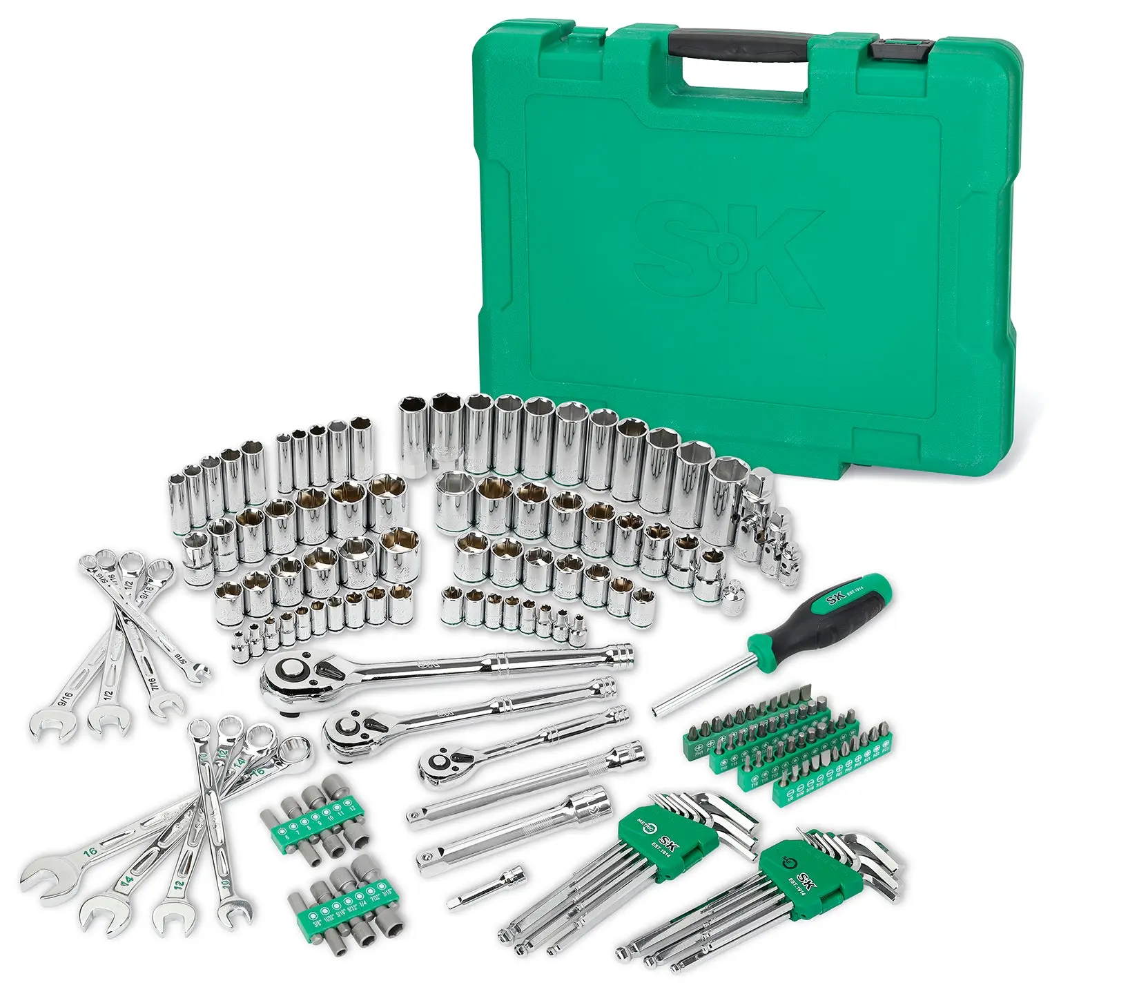 1/4", 3/8" & 1/2" Drive, 163 Piece, 6 Point, Shallow & Deep, SAE & Metric Mechanics Tool Set, #SK01539, Work Mechanic Tools, Car Repair Tools