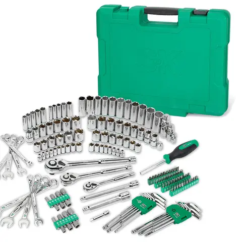 163-Piece Mechanic Work Tools Kit (163pcs Coverage), 1/4"-3/8"-1/2" Suregrip Drive, Shallow & Deep Ratchet Sockets, Multifunctional SAE/Metric Wrench Set, 9+9 Hex Keys, 72-Tooth Ratchet, High-Polish Plt., for Car Repair #SK01539