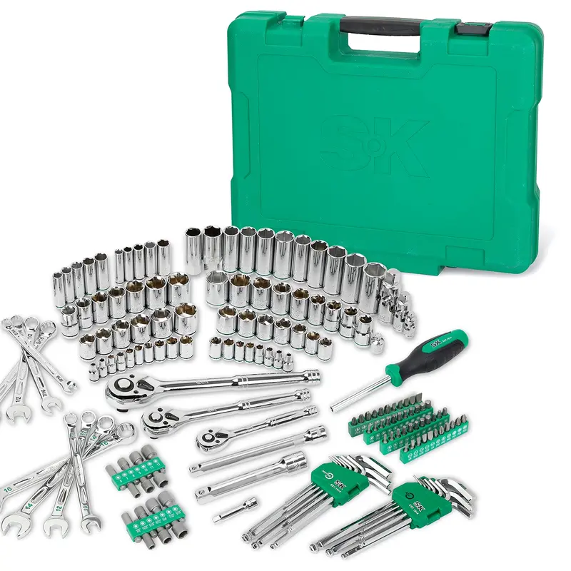 163-Piece Mechanic Work Tools Kit (163pcs Coverage), 1/4"-3/8"-1/2" Suregrip Drive, Shallow & Deep Ratchet Sockets, Multifunctional SAE/Metric Wrench Set, 9+9 Hex Keys, 72-Tooth Ratchet, High-Polish Plt., for Car Repair #SK01539