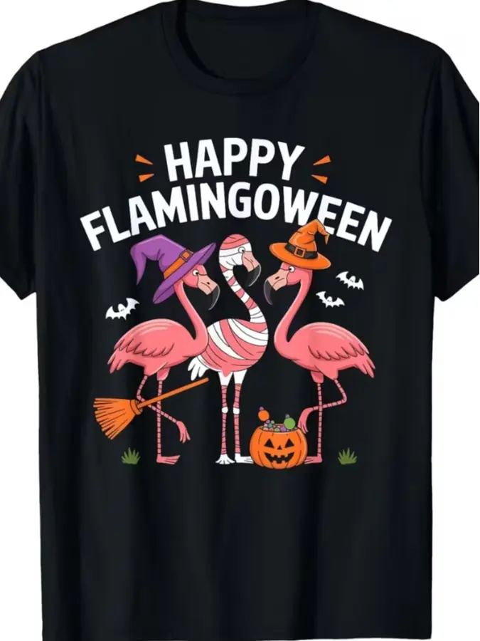 Happy Flamingoween Pink Flamingo Halloween Skeleton Spooky TShirtRetro Casual Crew Neck Printed T-Shirt