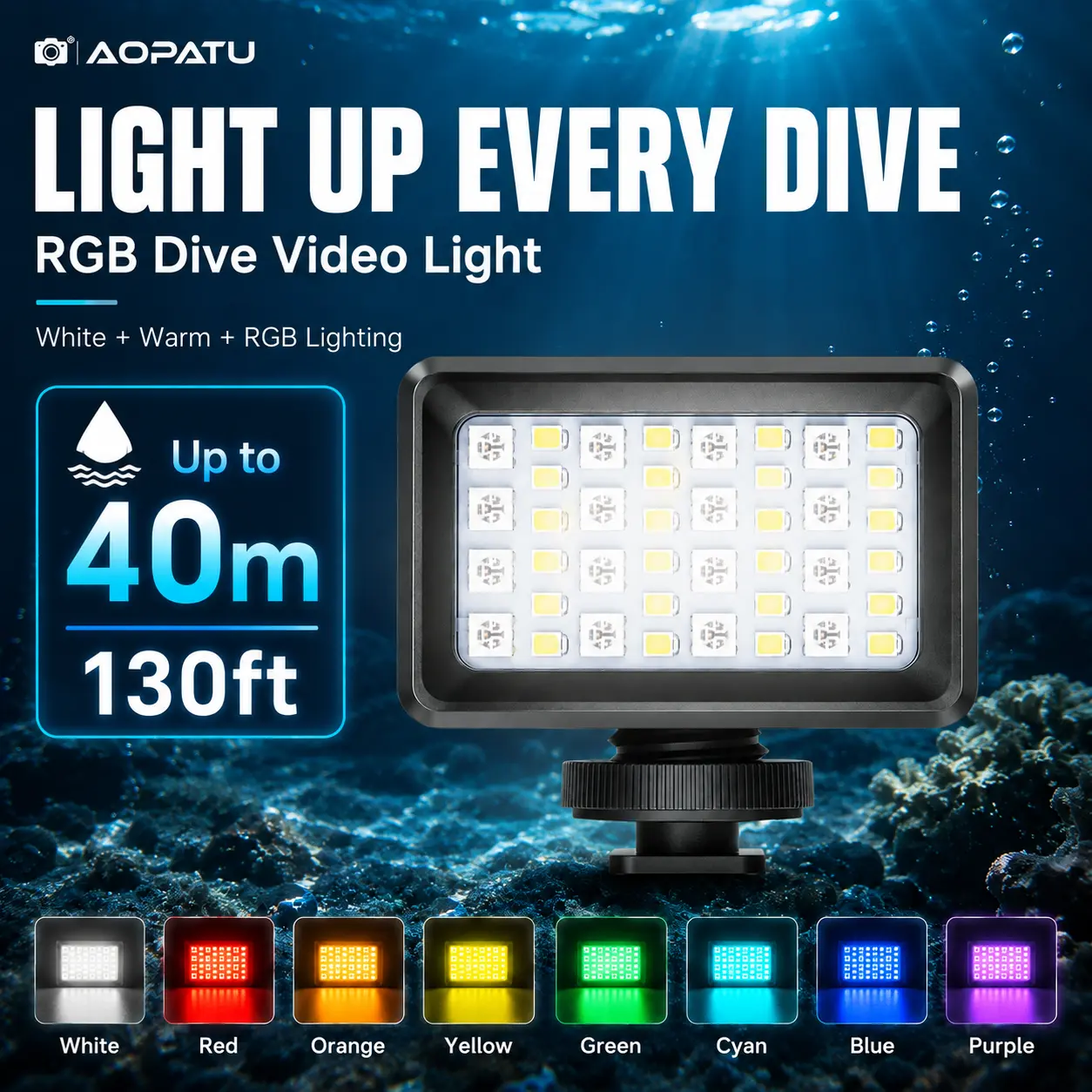 AOPATU RGB Dive Video Light - 40 LEDs, White/Warm + 7 RGB Colors, 40 meters underwater, Type-C Rechargeable Underwater Camera Accessory Rgb Photography Light
