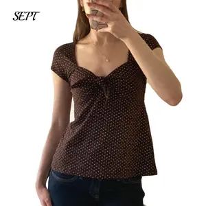 Women Polka Dot Fairy Grunge Coquette Shirts Y2k Cute Puff Short Sleeve Babydoll Tops 90s Girls Vintage Aesthetic Blouses