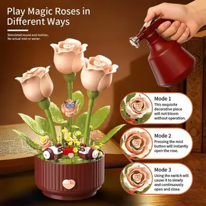 Mother's Day Limited Edition Blooming Creative Building Blocks Rose Planter with LED Lights & Remote Sprinkler, Eternal Flower Gift, Eternal Rose Flowers