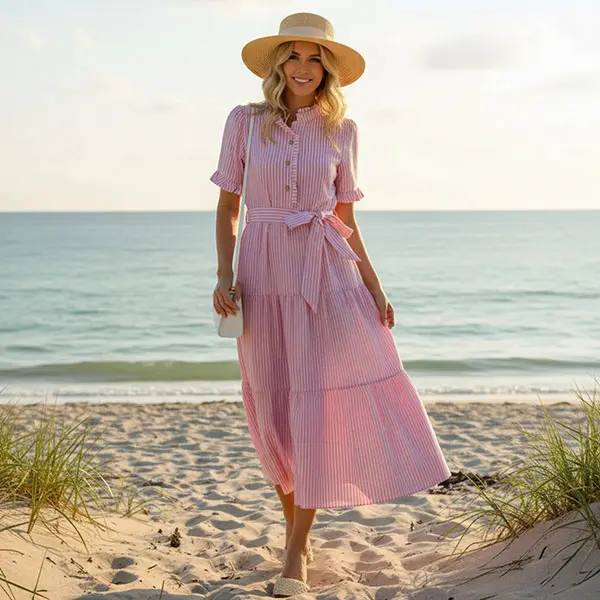 ETCYY Women’s Striped Summer Dress Womenswear Pink, Elegant Ruffled Sleeve Button Down Tie Waist Maxi Sundress, Dresses for Women Summer, Wedding Guest Dresses,Graduation Dress, Spring Dresses 2026, Women’s Clothing,Women's Casual Dresses,#DealsForYouDays