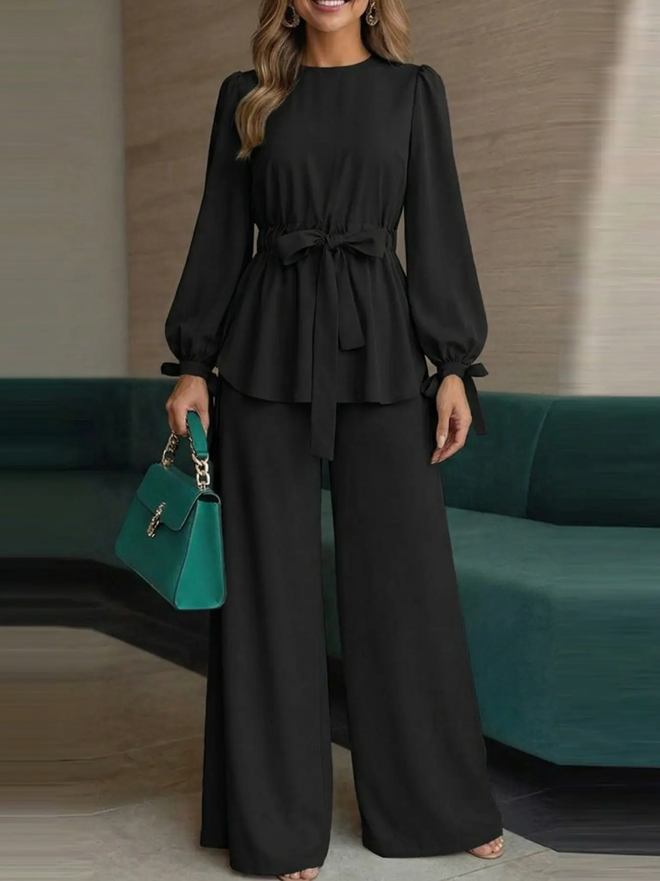 ZANZEA Two-piece Set Women's Solid Bishop Sleeve Knot Top & Elastic Waist Pants Islamic Set, Fashion Muslim Set, Modest Casual Top & Wide Leg Trousers for Daily Wear, Ladies Islamic Clothing, Fashion Style Sets