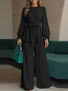 ZANZEA Two-piece Set Women's Solid Bishop Sleeve Knot Top & Elastic Waist Pants Islamic Set, Fashion Muslim Set, Modest Casual High Low Top & Wide Leg Trousers for Daily Wear, Ladies Islamic Clothing for All Seasons, Palazzo Pants, Matching Outfit Set