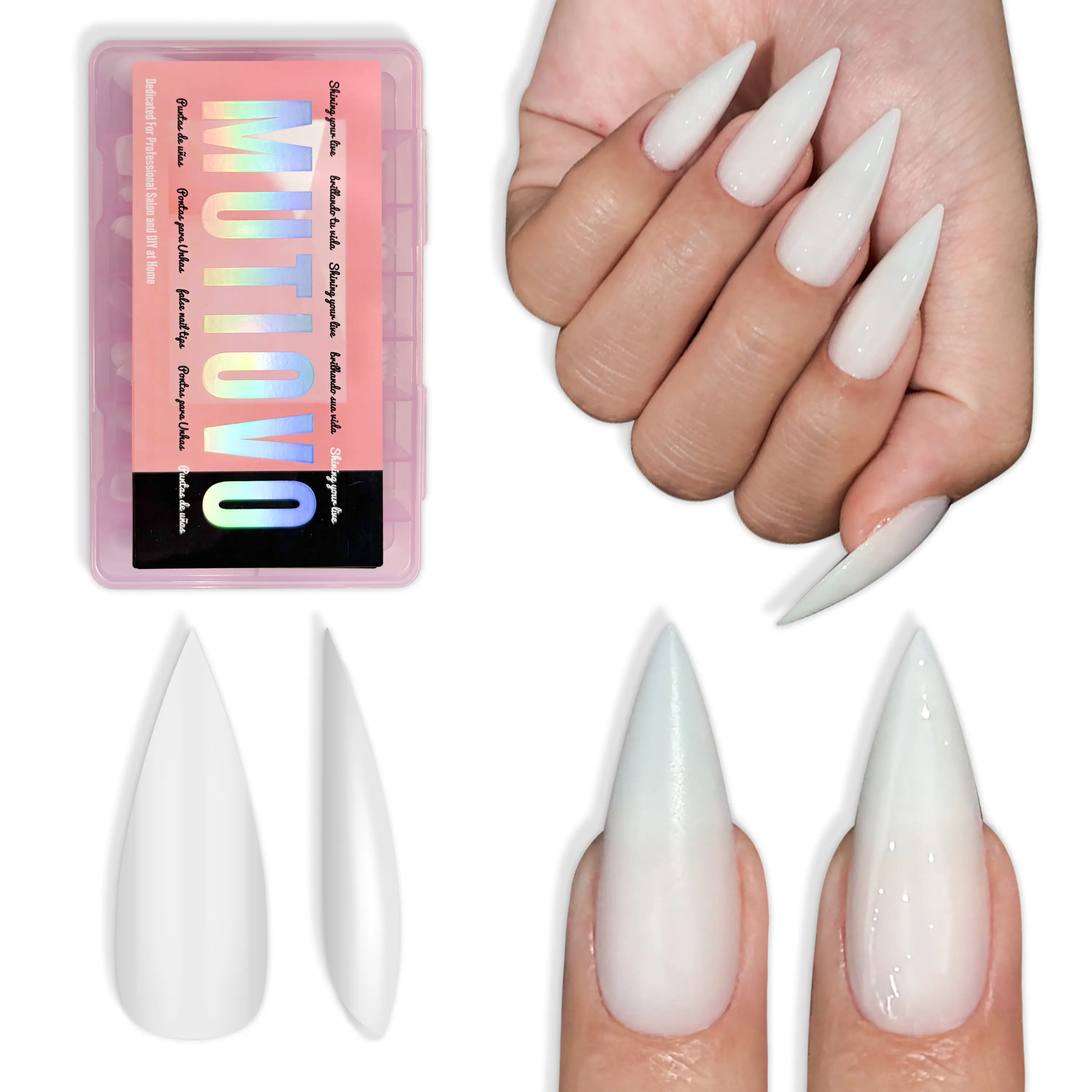 MUTIOVO Medium Sharp Stiletto Nail Tips 224 Pcs, Solid Pure Color MILKY WHITE Soft Gel Press on Nails, Pre-Colored Full Cover Artificial Fake Nails for Home DIY & Salon, 16 Sizes