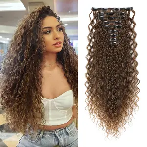 Reecho 9PCS Clip in Hair Extensions 20/22 Inch Curly Long Soft Synthetic Hairpieces for Women Dark Brown to Caramel Brown High-Temperature Silk Material Natural Look