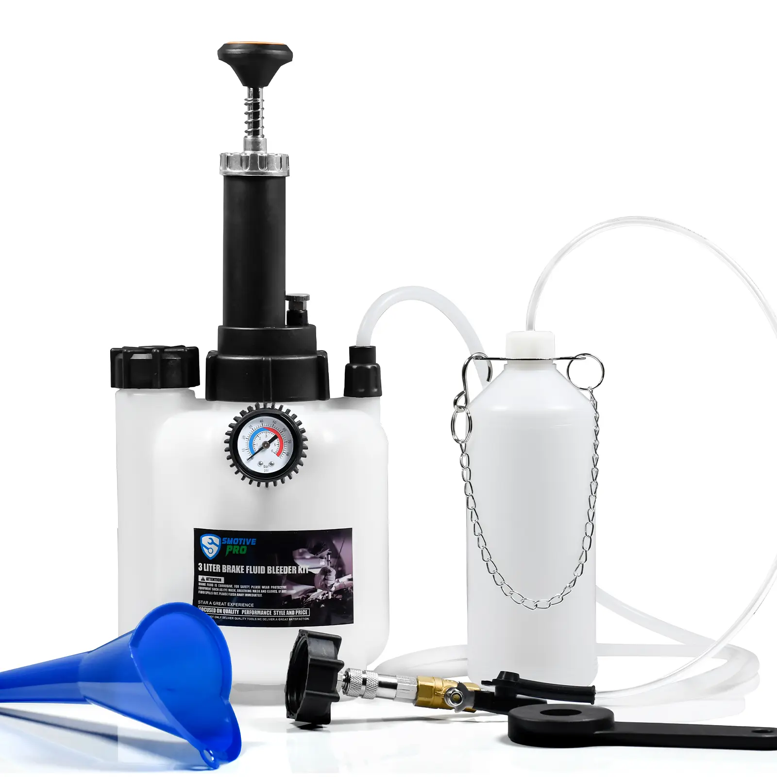 SMOTIVE PRO Heavy Duty 1-Person Brake Fluid Bleeder Kit - Manual Hand Pump with 3L Pressure Tank, 1L Waste Bottle, 60cm Transparent Hose, Adjustable Flow Control Valve, Aluminum Alloy Universal Fittings for Most Brake Master Cylinders, E20 Adapter