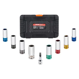 VEVOR 1/2 inch Drive Lug Nut Impact Socket Set - 8 Lug Nut Sizes Metric and SAE 6-Point Deep Socket CR-MO Steel Wheel Socket Set with Storage Case and Extension Bar for Auto Repair