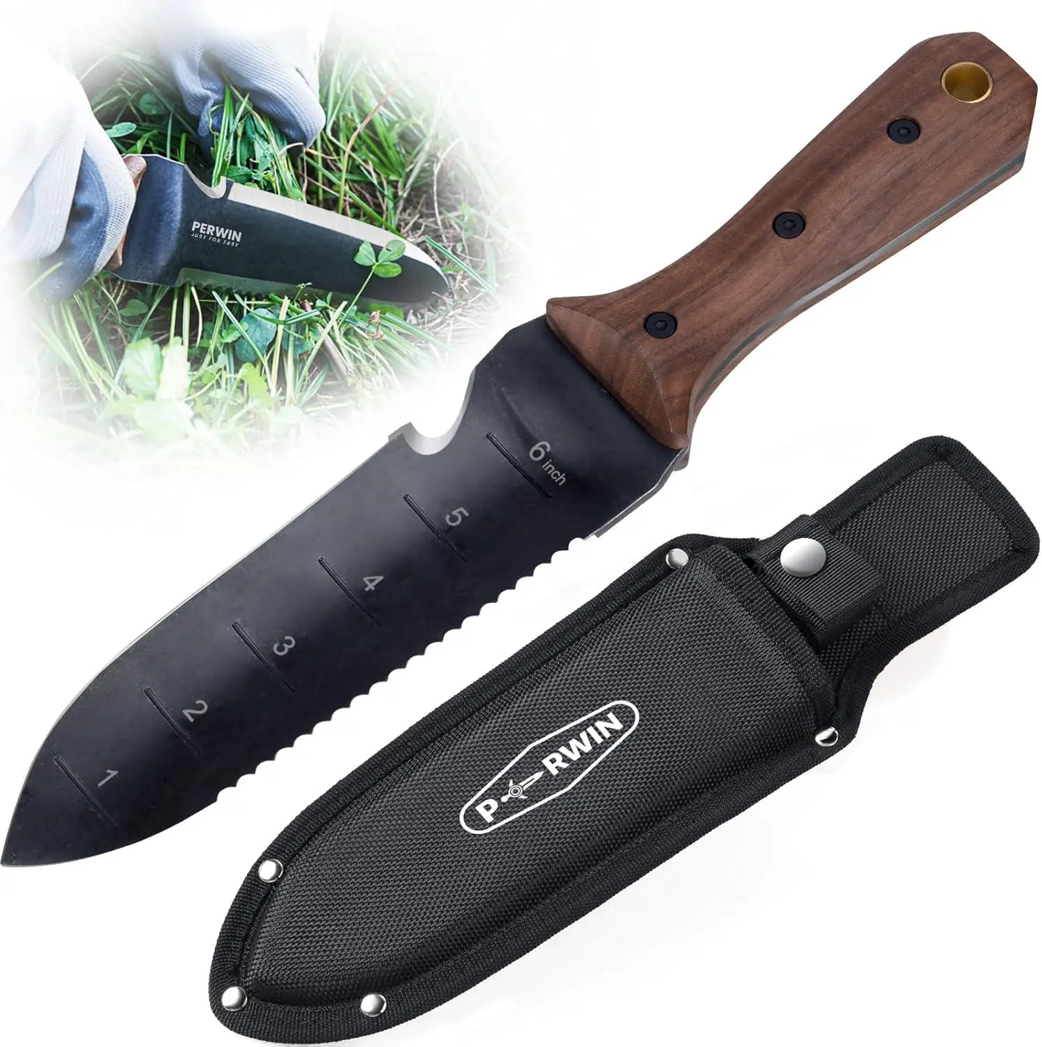 PERWIN Hori Hori Garden Knife for Gardeners - 7 Inches Stainless Steel Blade with Cutting Edge, Full-Tang Wooden Handle with Hanging Hole, Sheath Included for Weeding, Planting, Digging, Fishing