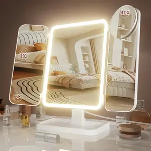 Portable LED Light Makeup Mirror, Vanity Mirror with Lights, 3-fold Foldable Rechargeable Mirror with 2x 3x & 1x Magnification, Touch Control Mirror for Travel & Bedroom Use, Rechargeable Trifold Mirror,Modes 360° Rotation Lightweight