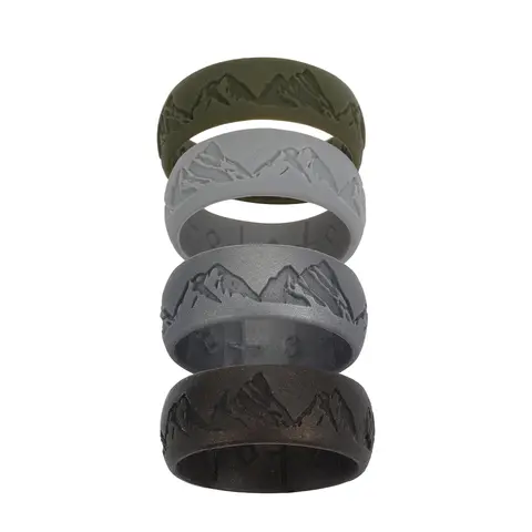 OIDEA Men's 4-Pack Stackable Flexible 2.1mm Silicone Athleisure Rings - Engraved Mountain Pattern, Breathable Gym Band Set, Fashion Promise/Anniversary Ring Gift for Christmas Birthdays