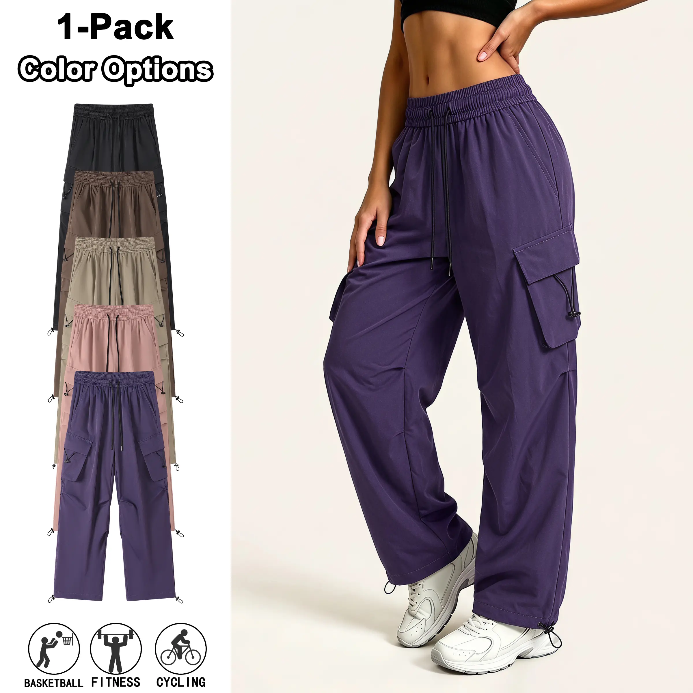Women’s lightweight casual solid-color cargo pants, 100% polyester fabric, loose straight-leg slightly stretchy sweatpants suitable for everyday wear, street style, and outdoor activities.