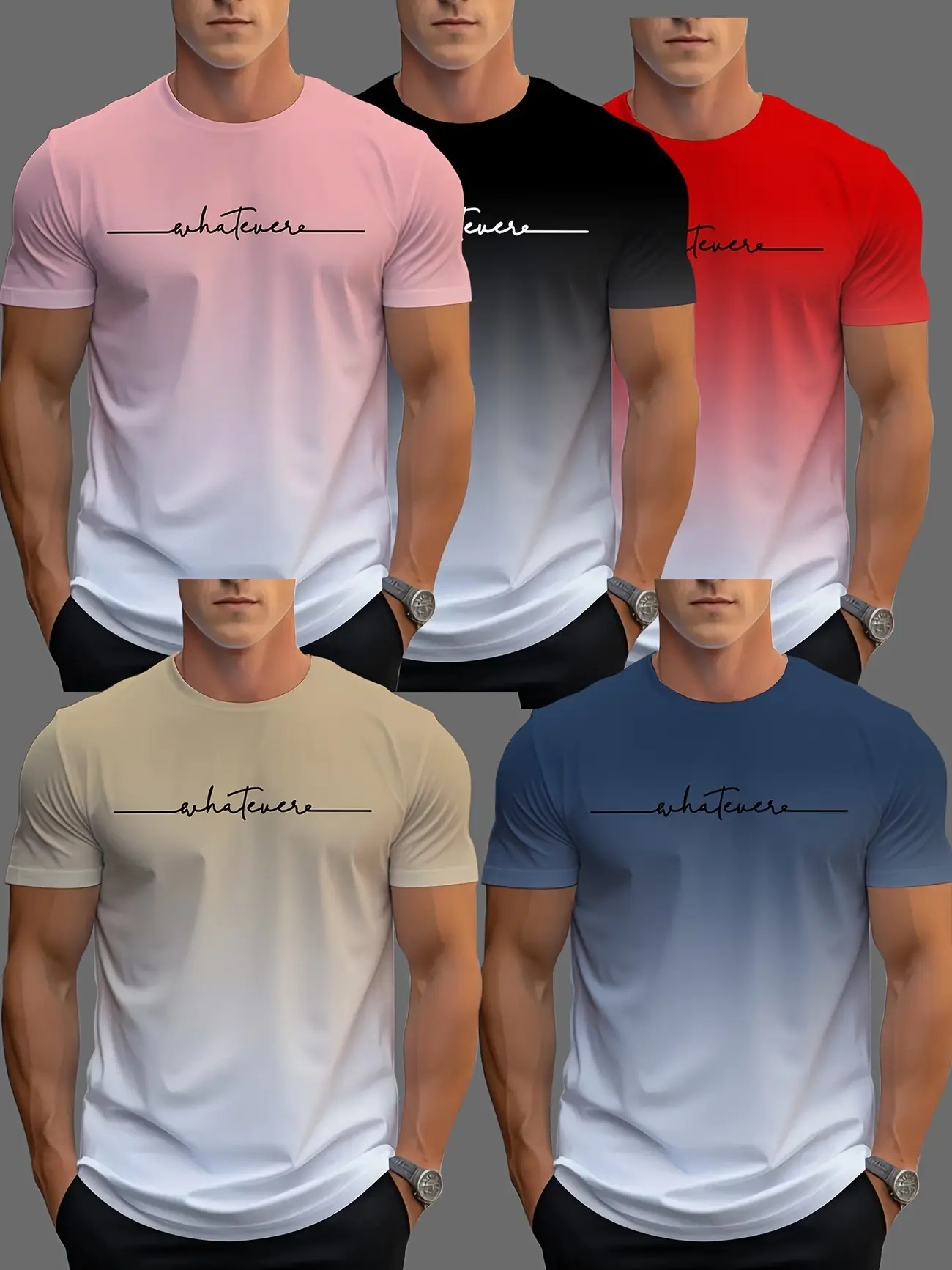 Men's summer novelty gradient T-shirts, 5-piece mixed color set, 'Whatever' letter print design, casual and stylish, breathable, skin-friendly and moisture-wicking, featured trendy T-shirts, suitable for daily outings and exercise