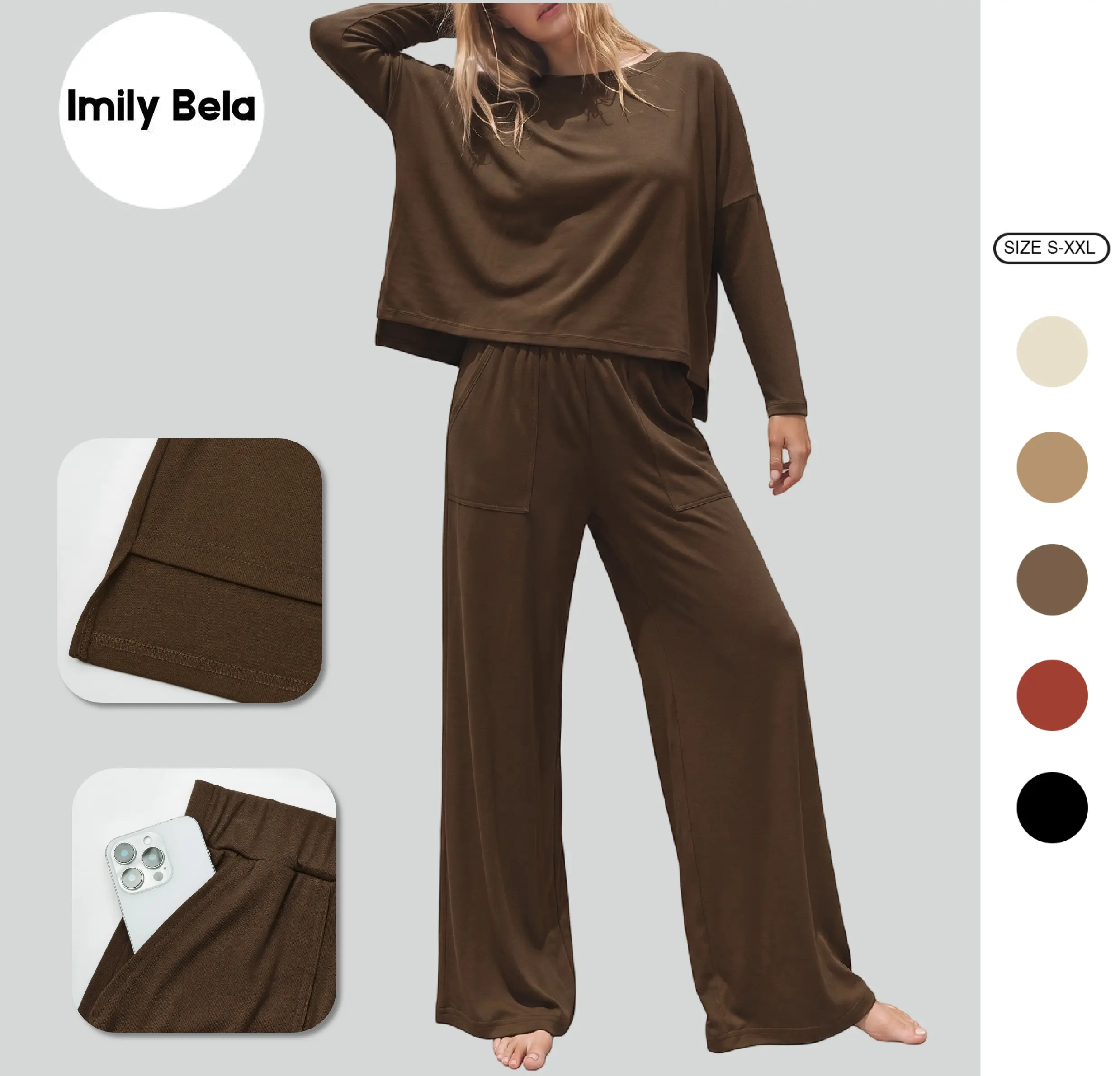 Women’s 2 Piece Ribbed Lounge Set, Oversized Cropped Long Sleeve Top and High Waisted Wide Leg Pants, Casual Matching Travel Outfit for Fall Winter
