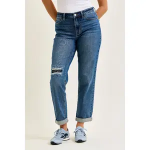 Judy Blue Mid Rise Medium Wash Boyfriend Jeans with Embroidered Repair Patch