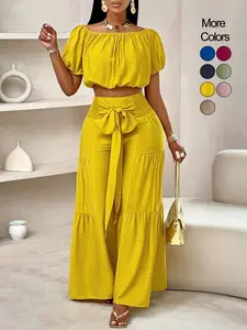 Women's Solid Color Top & Wide Leg Pants Set, Casual Off Shoulder Top & Palazzo Pants for Summer, Ladies Clothes for Beach Holiday Vacation, Womenswear