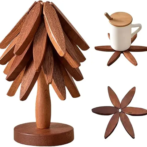 Wooden Walnut Tree Shape Trivets - 3 Layers+1 Stand 3+1 Set Anti-Burn Placemats & Coasters, Fold-Flat Storage Heat-Safe Stand Collapsible Reusable Kitchen Insulation Mats for Hot Dishes, Pots & Pans