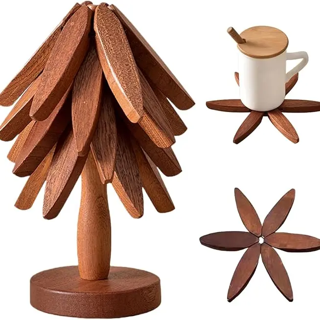Wooden Walnut Tree Shape Trivets - 3 Layers+1 Stand 3+1 Set Anti-Burn Placemats & Coasters, Fold-Flat Storage Heat-Safe Stand Collapsible Reusable Kitchen Insulation Mats for Hot Dishes, Pots & Pans