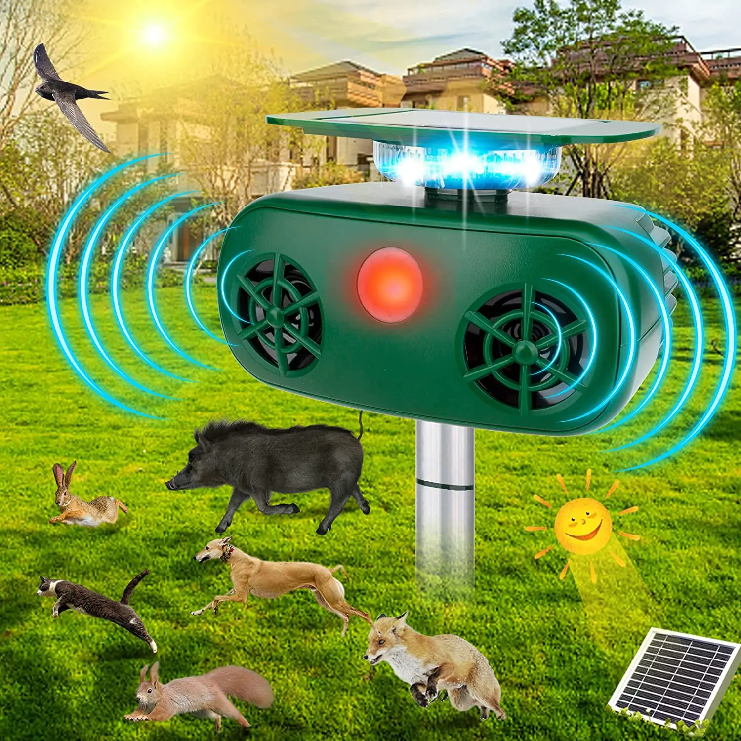 360° Rotating Solar Ultrasonic Animal Repeller - Easy to Install Deer Repellent Devices with Built-in Motion Sensor, Flashing LED for Rabbits, Dogs, Raccoons, Skunks, Squirrels (Residential, Garden Use)
