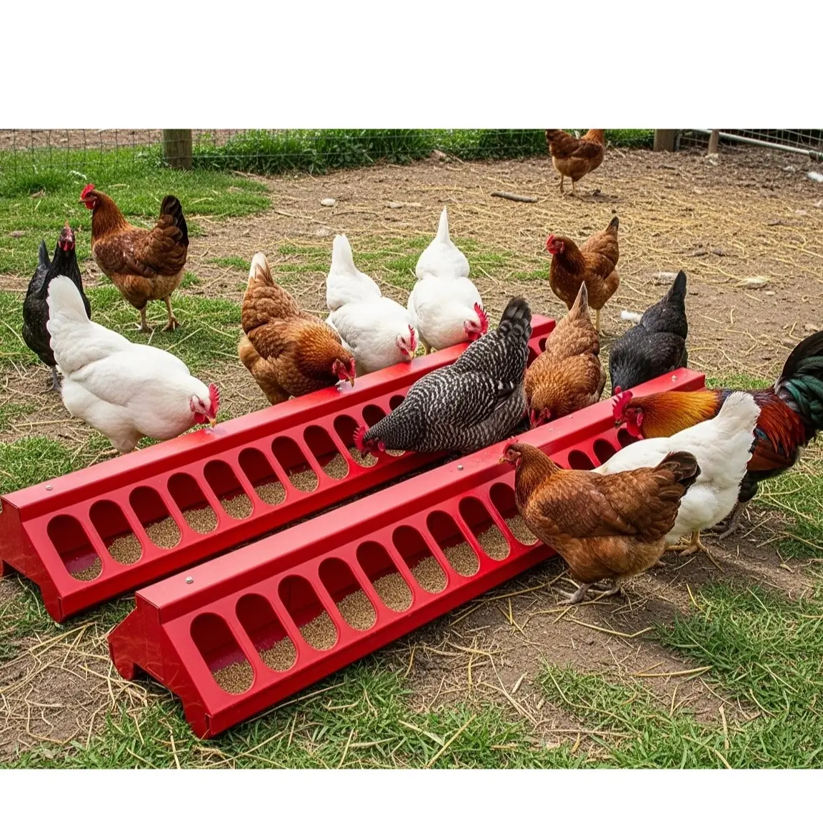 2pack 20" Plastic Flip-Top Poultry Ground Feeder for Red Chickens and Birds Durable Easy-Access Design Ideal for Farmers Feeding Capacity and Plastic Construction