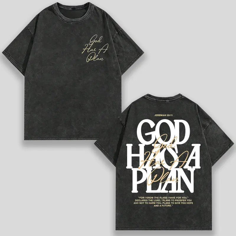 Retro Washed T-Shirt Double Sided Printed  'GOD HAS A PLAN'  Letter Print, Comfortable, Fashionable Street Style y2k,Vintage,Streetwear 230g Gradient Tee，