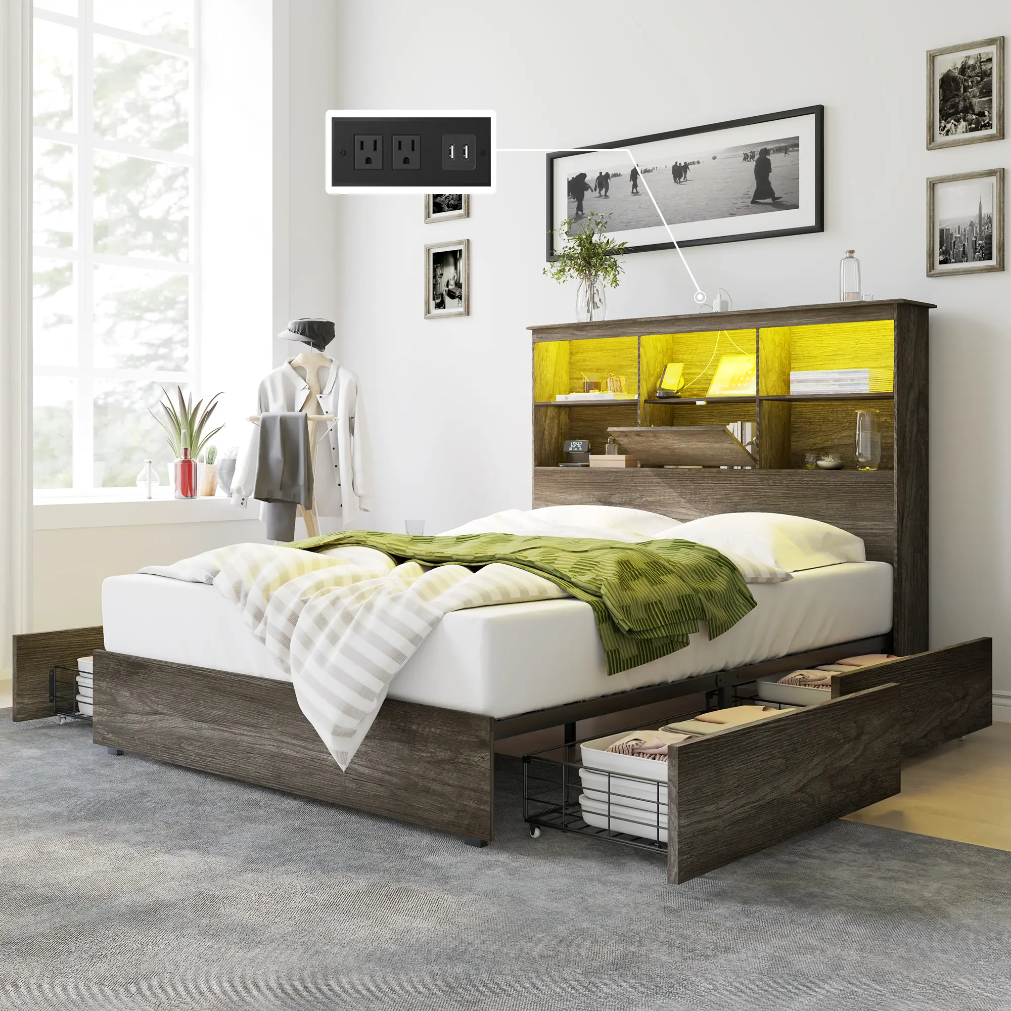 AMERLIFE Full/Queen/King Size Bed Frame with 51.2" Storage Bookshelf Headboard, Rustic Wooden Platform Bed, 4 Storage Drawers & Charging Station/No Box Spring Needed/Affordable Luxury Bed Frame
