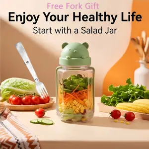 【Free Fork Gift】Bear-shaped Salad Jar,Portable Salad Jar with Side Opening, Leakproof Dressing Container with Lid, Free Fork Gift, Ideal for Lunch and Travel
