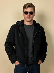 Coofandy  Men's 100% Cotton Black Hooded Jacket - Sherpa Lined Warm Casual Outerwear