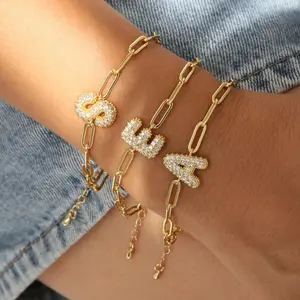 【PANG Jewelry】Bubble Letter Bracelet Adjustable Sliding Chain Sparkly Alphabet A-Z Charm Dainty Stackable Jewelry Gift for Her