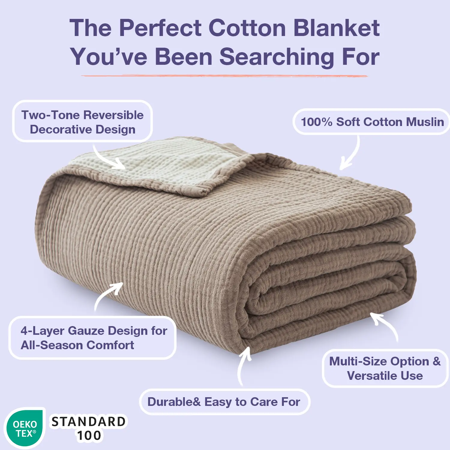 Simple&Opulence Cotton Muslin Blanket for Bed and Couch Soft Lightweight Breathable 4 Layering Gauze Blanket Home Décor for All-Season,summerwins,back to school,back to school shopping,home decor,tiktokshopsummersale