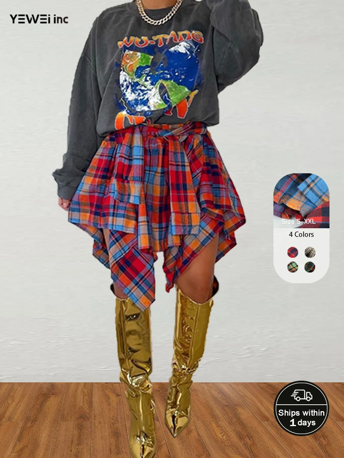 Women's Fashion MulticolorPlaid Print Asymmetrical Hem HighWaist Skirt, Back To SchoolClothes, Summer Clothes Women,Casual Comfort Elastic Waist TieredLayer Knee Length Skirt for SummerGoing out Streetwear, Galentine'sIdeas Gift,Womenswear Bottom