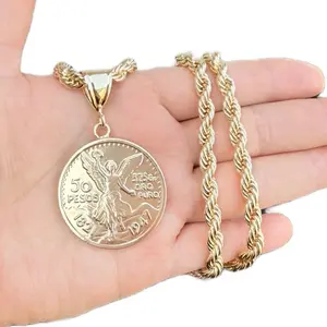 Rope Chain Centenario Gold Plated Pendant 50 Pesos Coin Design 24” inches Rope Chain