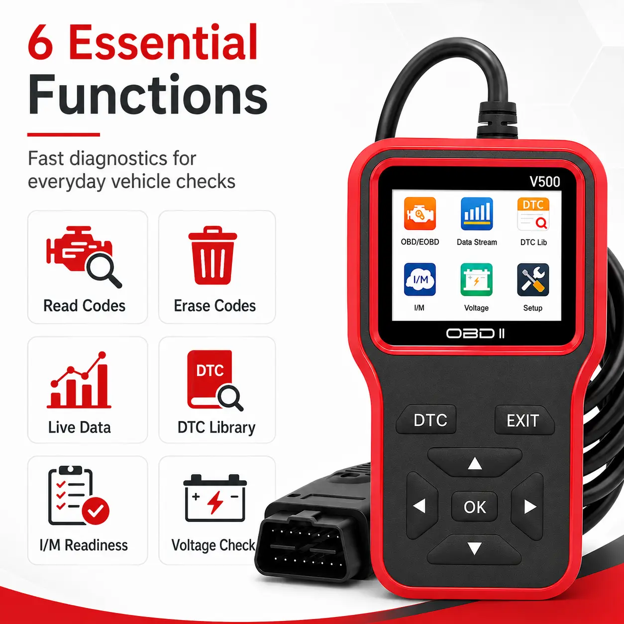 V500 OBD2 Code Reader & Diagnostic Tool - Car Voltage Tester, Quick Code Erasure, Multilingual for 12V Cars & Trucks