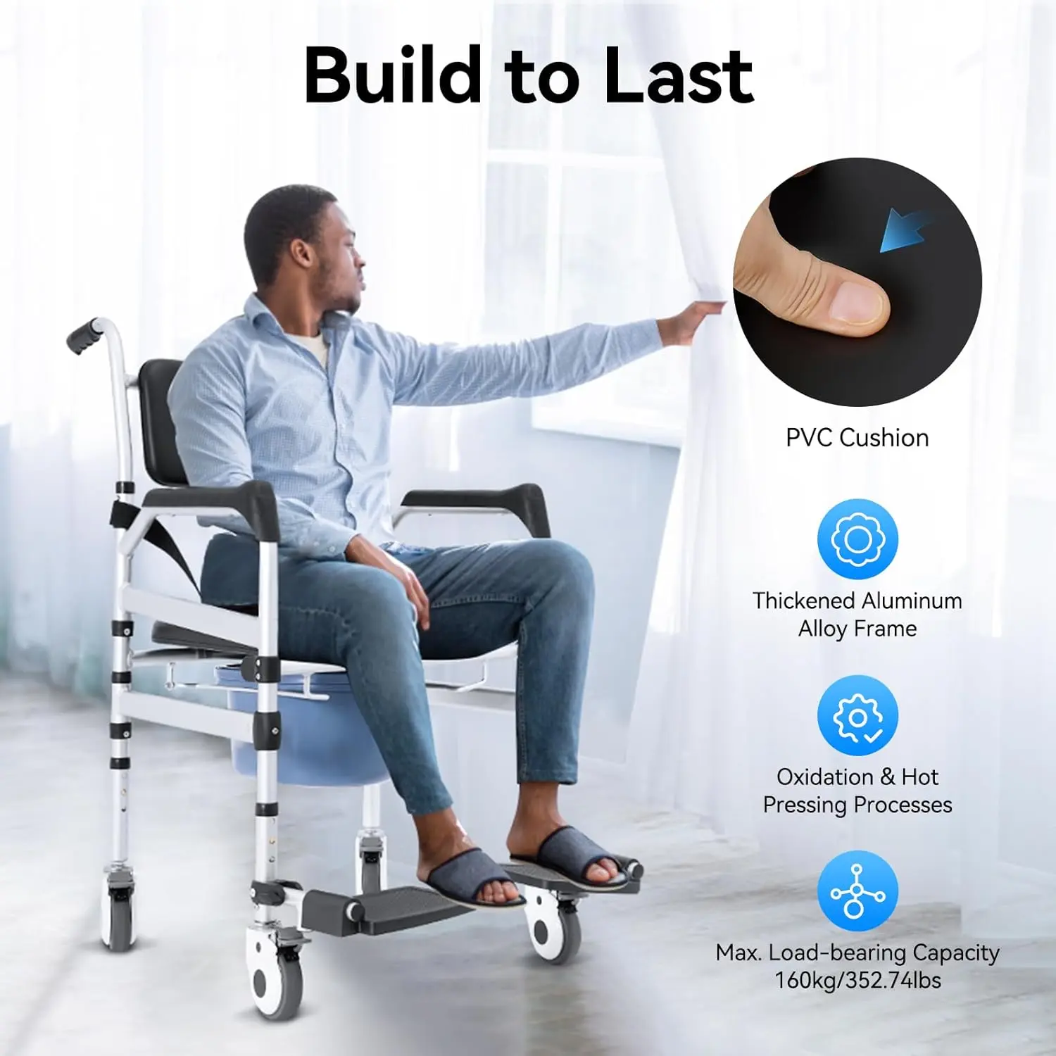 Freestanding Foldable Shower Chair, PVC-Aluminum Alloy Black Silver, 160kg Load Capacity, Height-Adjustable Anti-Slip, Unisex for Elderly & Pregnant, with 1 Bidet & 1 Cushion, Safe for Home Showering