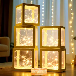 Transparent Balloon Boxes, Clear Balloon Boxes with 5 Pcs String Lights and 78 Letters for Baby Shower Gender Reveal 2026 New Year Grad Birthday Anniversary Bridal - 5 Gold Boxes