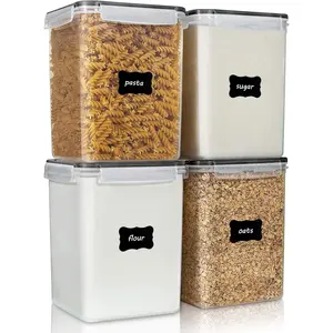 4 PCS Large 5.2L/175oz Food Storage Containers, BPA Free Plastic Airtight Canisters with Lids for Flour, Sugar, Baking Supplies and Rice, Including 4 Measuring Cups and 24 Labels, Black