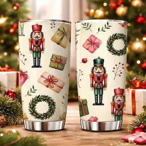 1pc 20oz Insulated Stainless Steel Tumbler with Lid, Insulated Thermos, Nutcracker Christmas Pattern with Holiday Elements, Double Wall Vacuum Cup Keeps Drinks Cold 12 Hours Hot 6 Hours, Festive Gift for Christmas Home Office Travel Coffee Tea