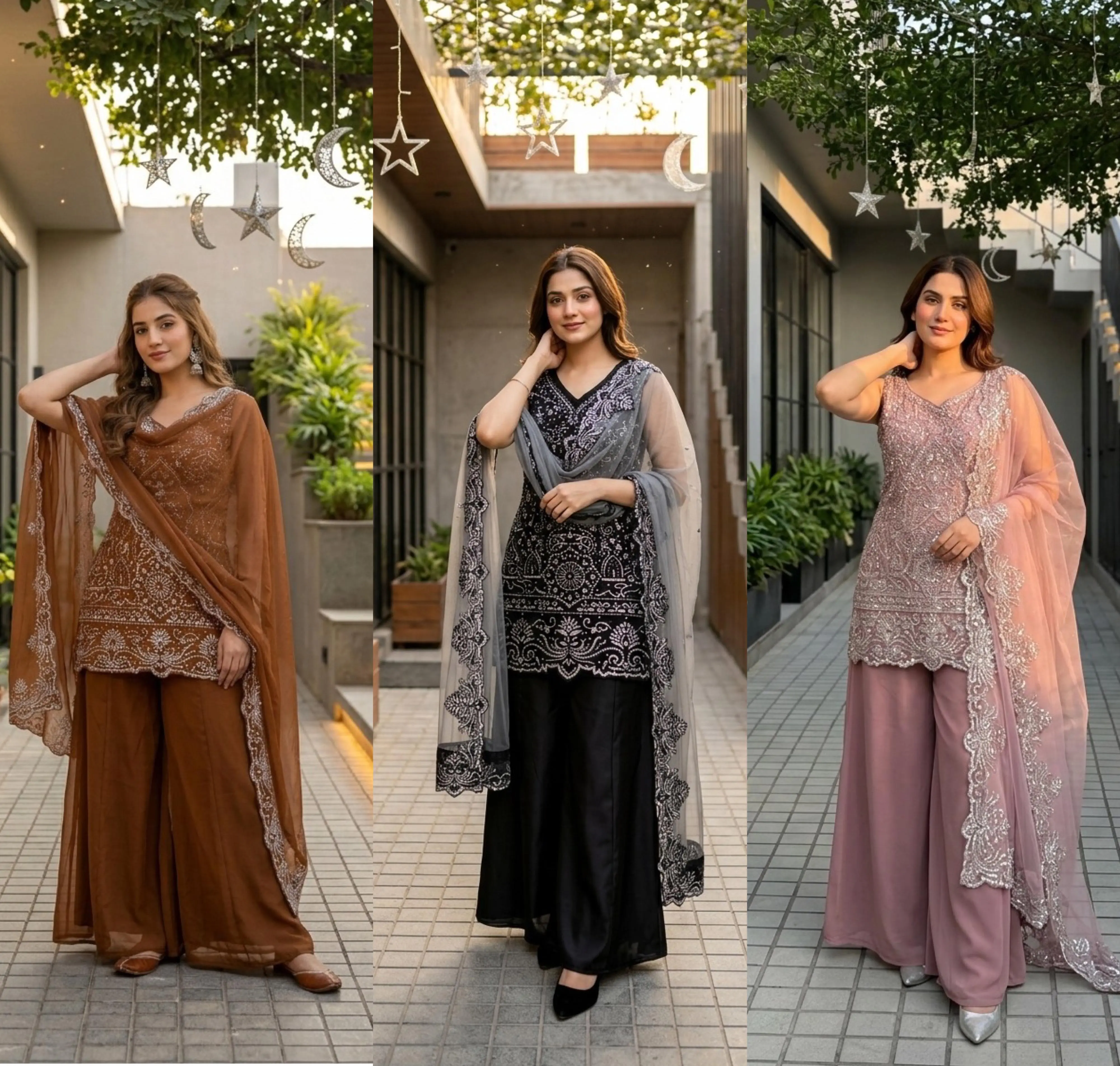 Women's Embroidered 3-Piece Sharara Suit Set with Dupatta, Available in 3 Colors